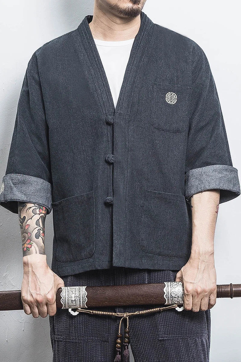 Mens Denim Shirts  Summer Men Casual Cardigan Male Chinese Style Shirt Three Quarter Streetwear Open Stitch Shirts Men Dress