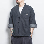 Mens Denim Shirts  Summer Men Casual Cardigan Male Chinese Style Shirt Three Quarter Streetwear Open Stitch Shirts Men Dress