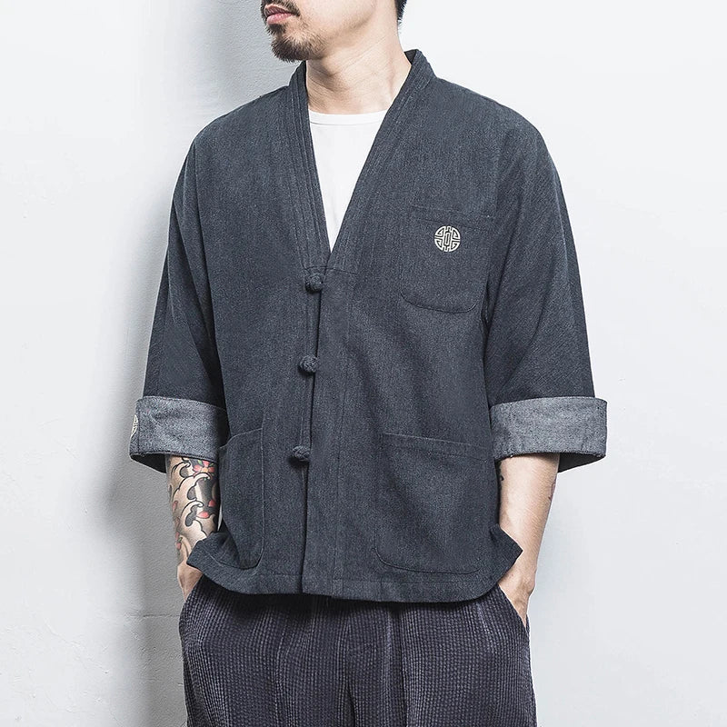 Mens Denim Shirts  Summer Men Casual Cardigan Male Chinese Style Shirt Three Quarter Streetwear Open Stitch Shirts Men Dress