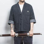 Mens Denim Shirts  Summer Men Casual Cardigan Male Chinese Style Shirt Three Quarter Streetwear Open Stitch Shirts Men Dress