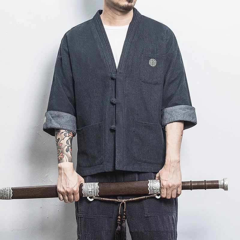 Mens Denim Shirts  Summer Men Casual Cardigan Male Chinese Style Shirt Three Quarter Streetwear Open Stitch Shirts Men Dress