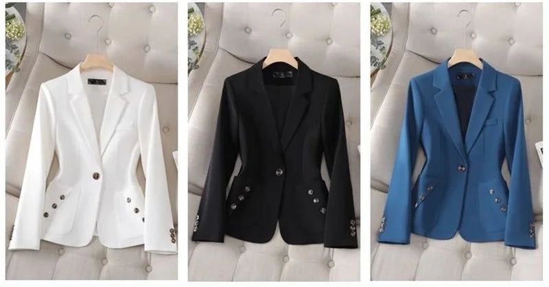 Spring Autumn Women Blazer Blue Black White Blazers Ladies Business Work Wear Long Sleeve Single Button Formal Female Jacket 4XL